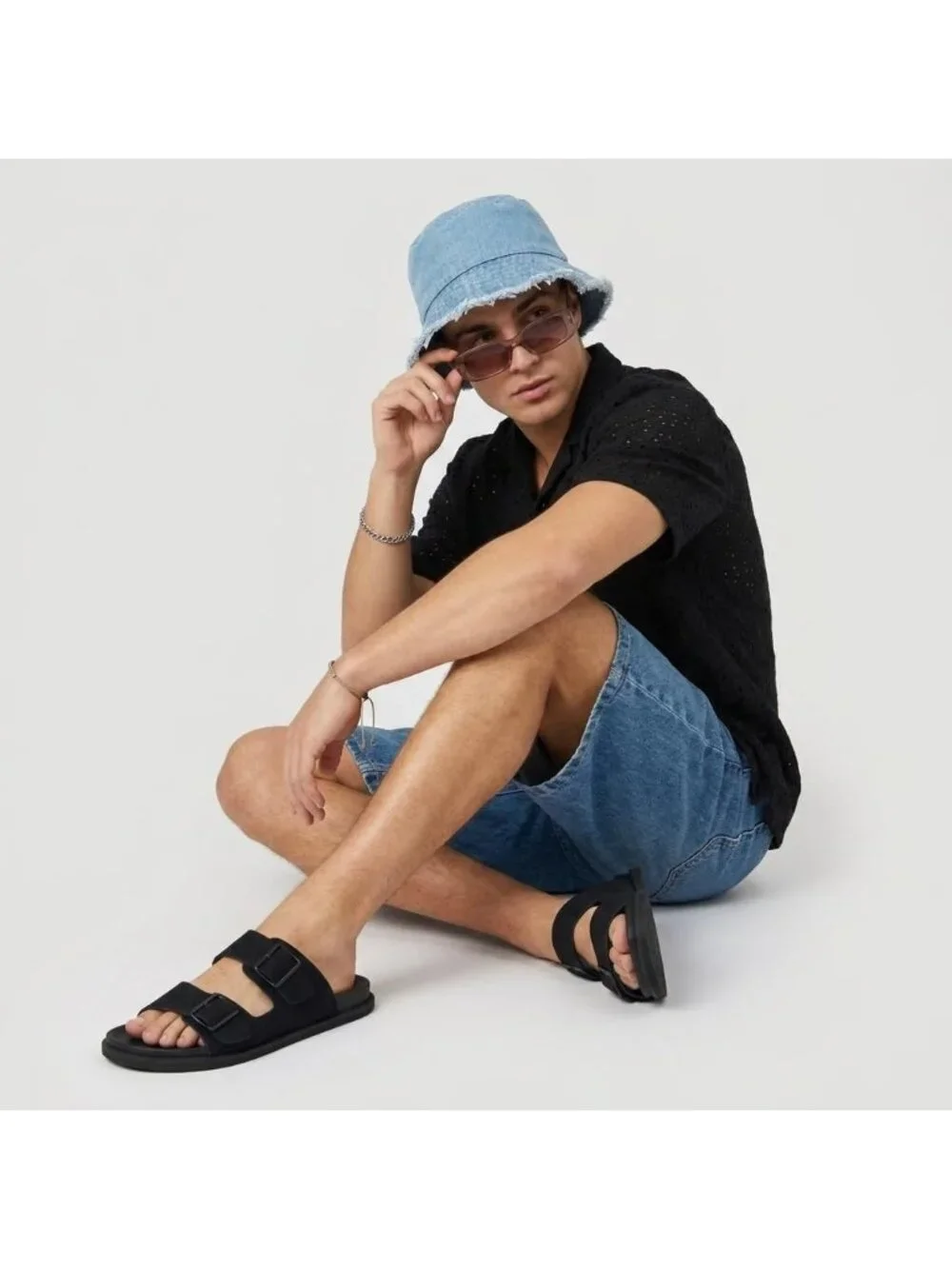 Men's Black Alpha Leather Sandals Casual Slip On Flat Adjustable Buckles